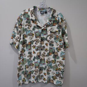 Universal Studios Jurassic Park Shirt Mens L Cream Pocket Button Dinosaur